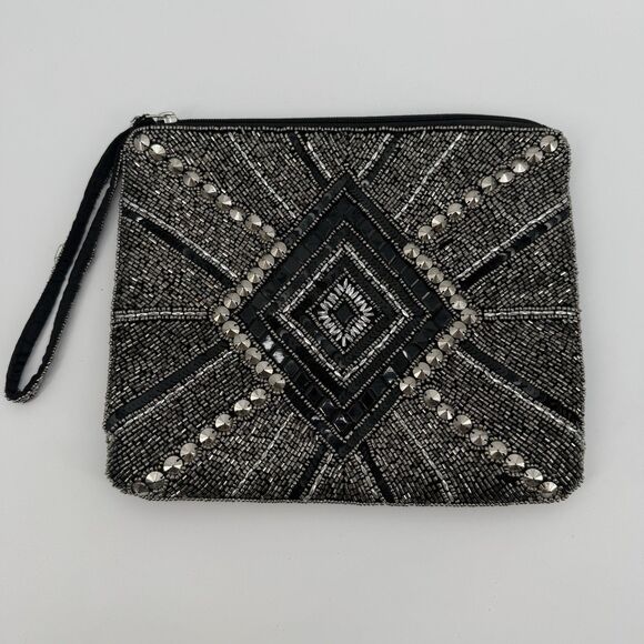 Unbranded Handbags - Unbranded Black Sequin Beaded Pouch Bag Travel India Silver Clutch
